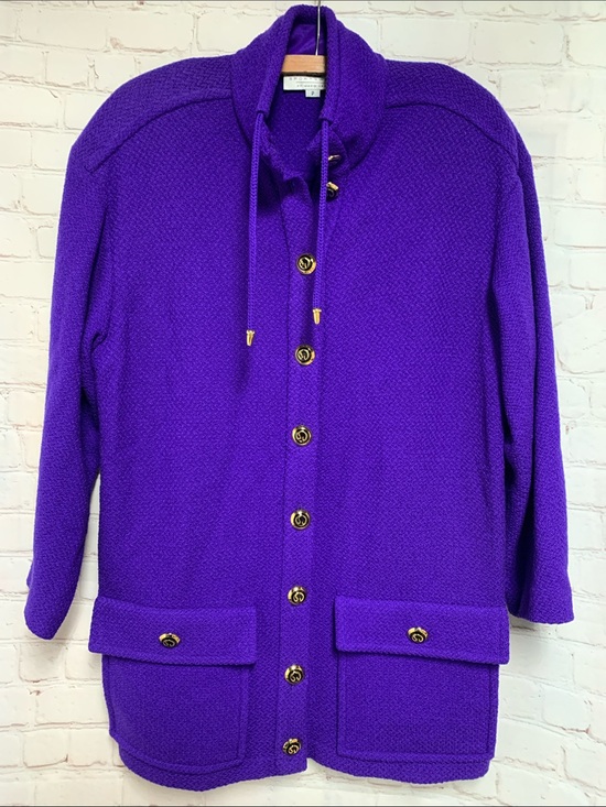 St. John Jackets & Blazers - RARE Vintage St. John Purple Knit Jacket Coat Gold Black Logo Buttons Size P 42”